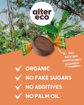 Alter Eco coconut oil ingredient splash highlights dairy-free indulgence.