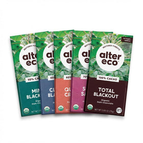 Alter Eco bars beside coffee, ideal mindful afternoon pairing.