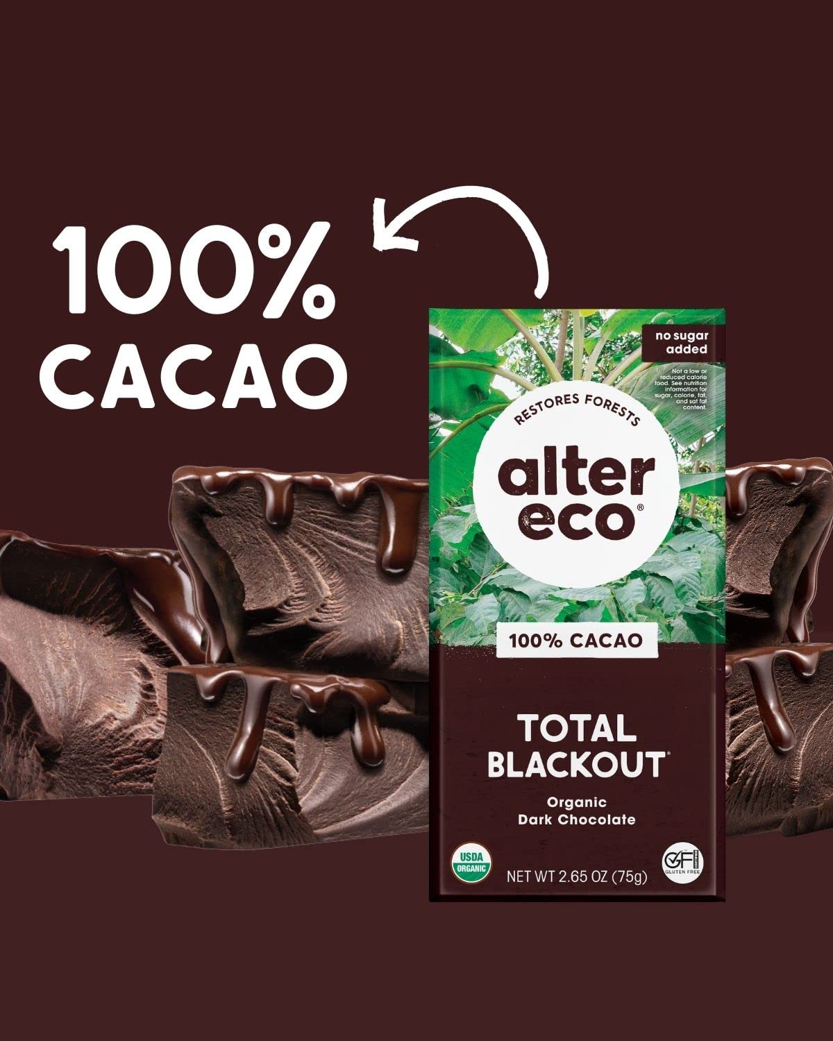 Alter Eco dark chocolate bars 4-pack packaging details, FSC-certified recyclable materials.