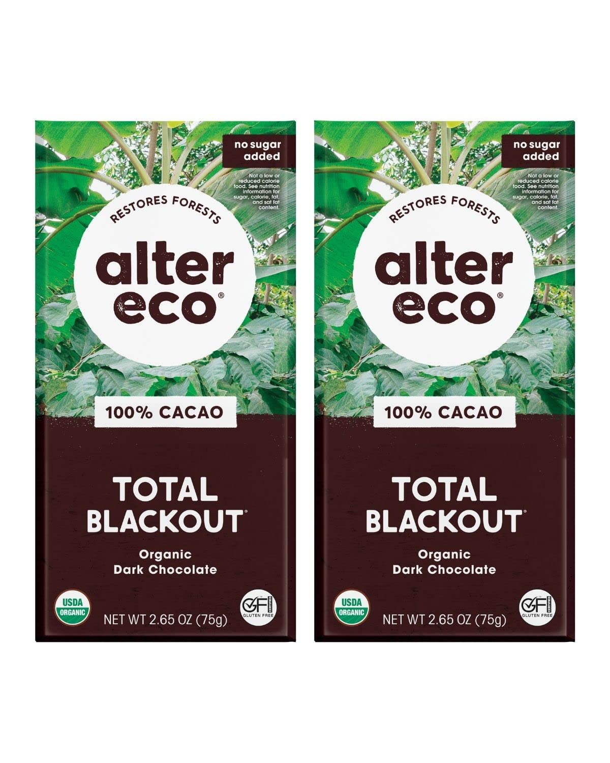 Alter Eco dark chocolate bars in front view 2-pack, ideal for eco-conscious snacking