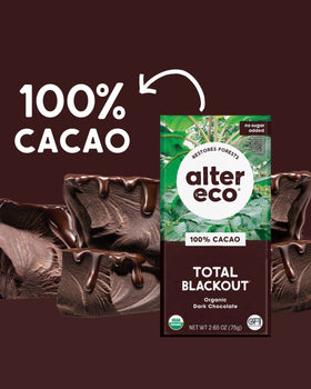 Alter Eco bars close-up highlighting two-ingredient formula for pure cacao