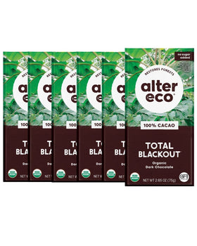 Alter Eco dark chocolate pack showcases six-bars for mindful snacking.