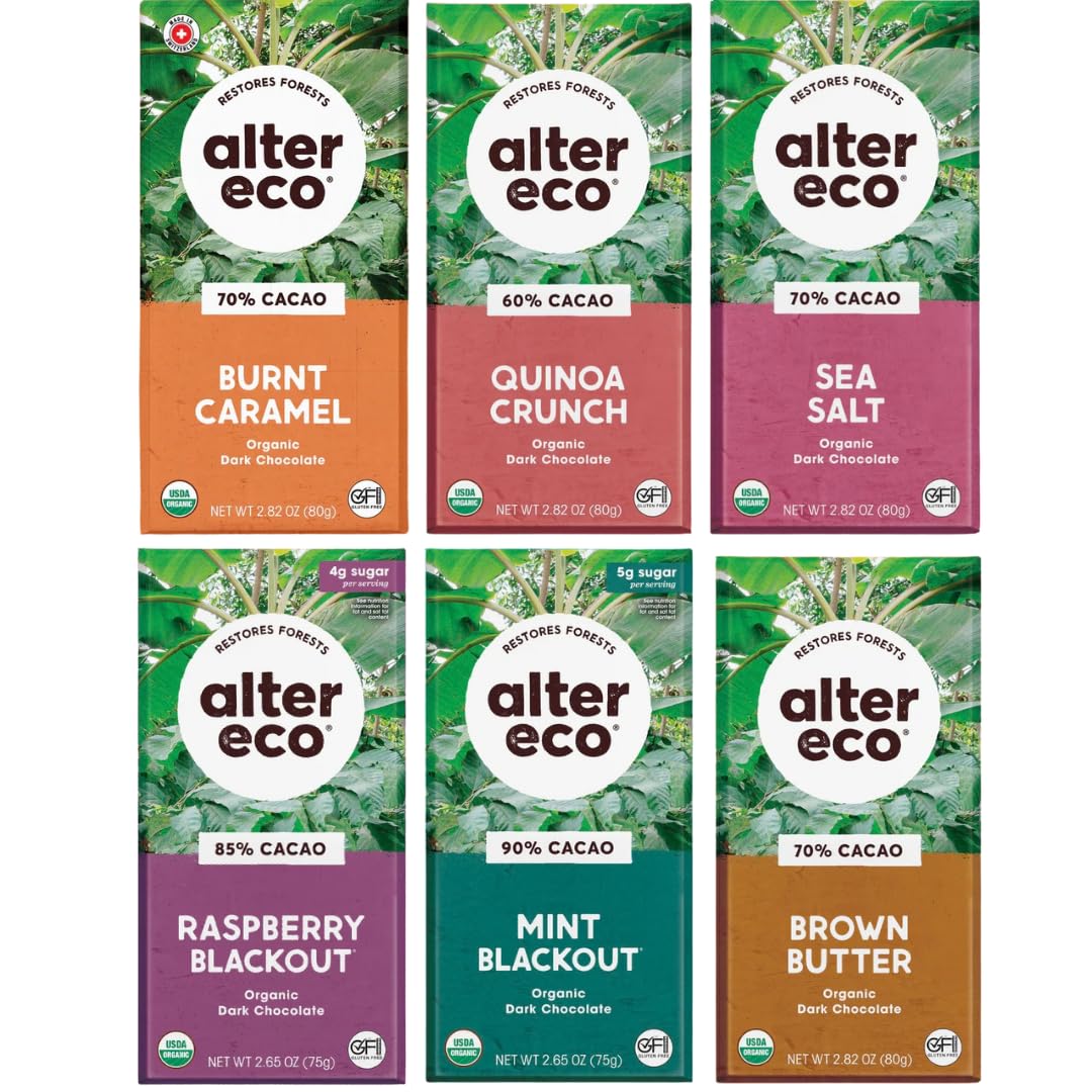 Alter Eco Dark Chocolate Variety Pack featuring Quinoa Crunch, a rich, crunchy bite perfect for tasting or gifting.