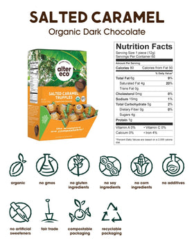 Alter Eco decadent dark chocolate truffles closeup reveals silky caramel center.