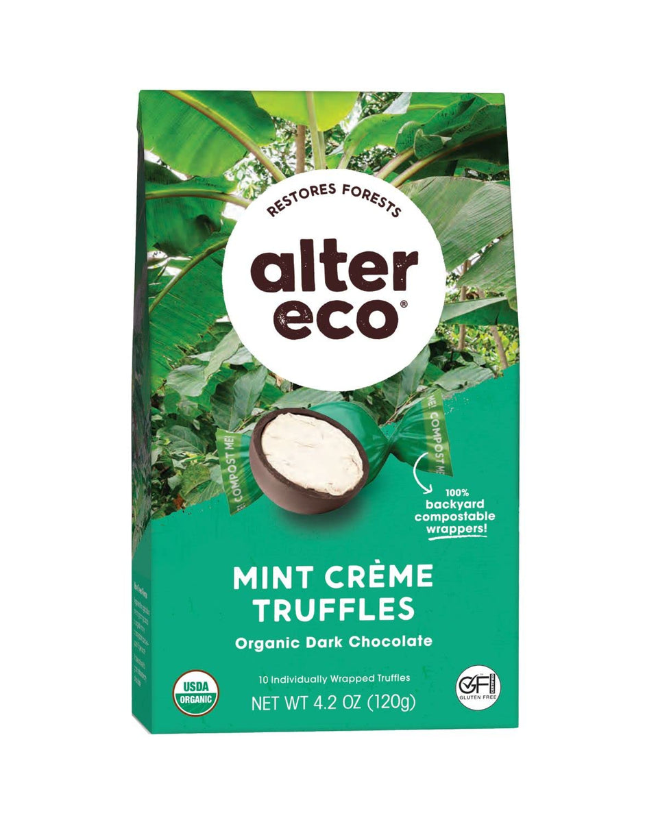Alter Eco Mint Creme Truffles packaging with compostable wrappers