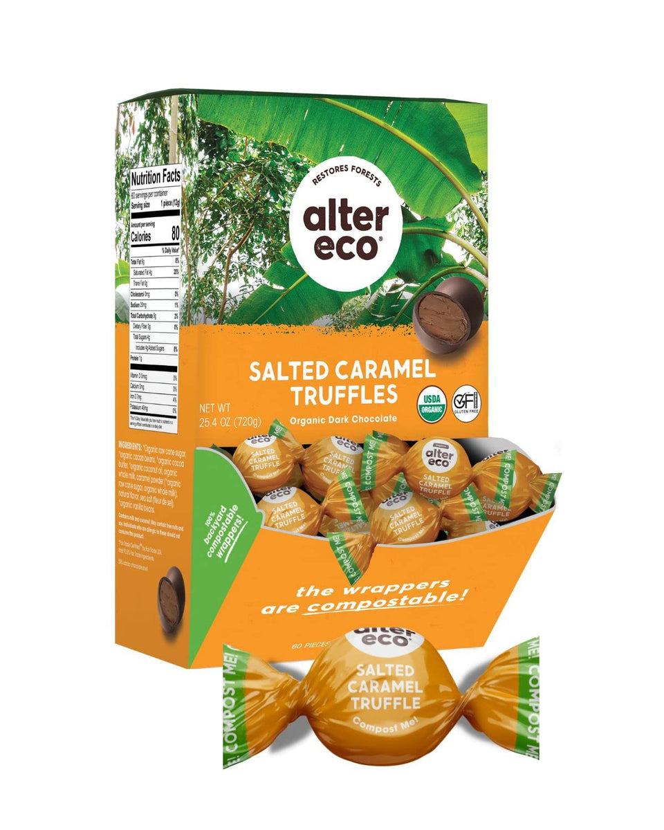 Alter Eco Salted Caramel Truffles pack showcases premium dark chocolate and eco-friendly packaging.