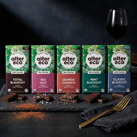 Alter Eco Superdark Mint bar, refreshing mint over deep cocoa.