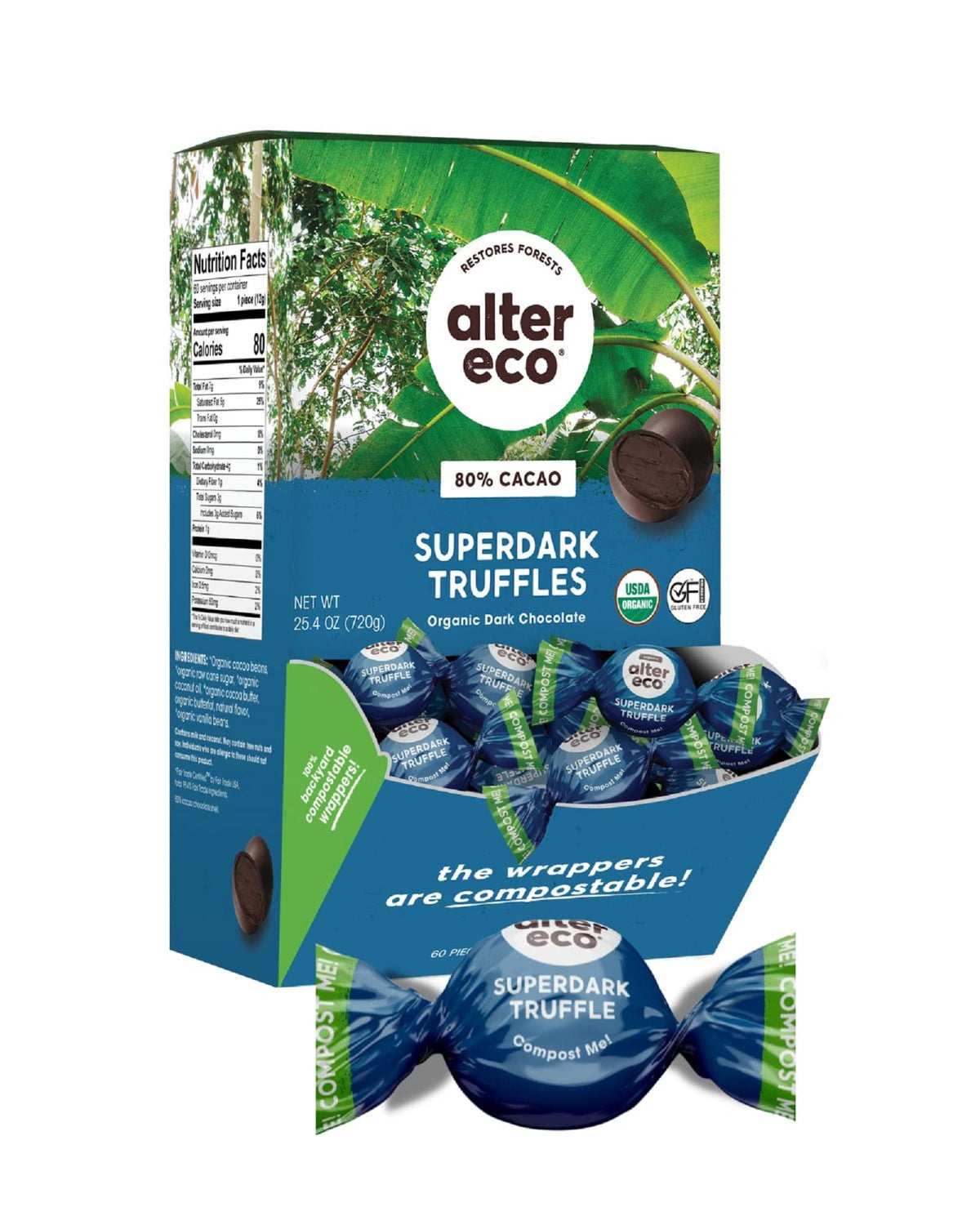 Alter Eco SuperDark Truffles pack showcasing rich flavor and sharing-friendly presentation