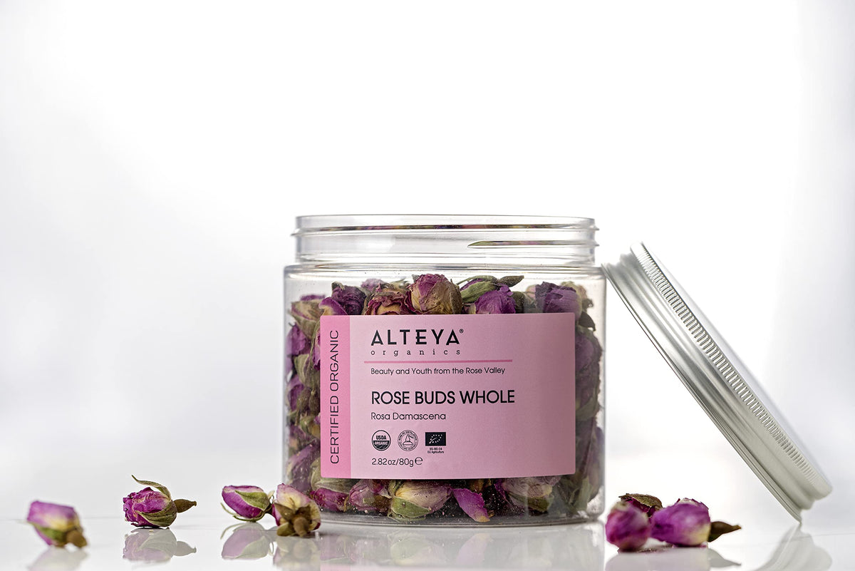 Brewing Alteya Organics Rose Bud Tea releases a delicate floral aroma