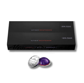 Altissio Decaffeinato capsule closeup highlighting decaf variety and aroma