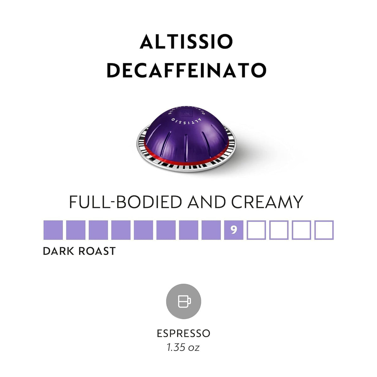 Altissio Decaffeinato espresso shot in cup, bold aroma and smooth finish