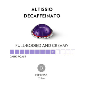 Altissio Decaffeinato espresso shot in cup, bold aroma and smooth finish
