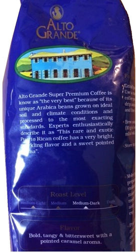 Alto Grande bag label front emphasizing single origin Puerto Rico Arabica