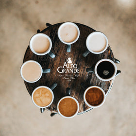 Steaming cup of Alto Grande espresso showcases full body and richness.