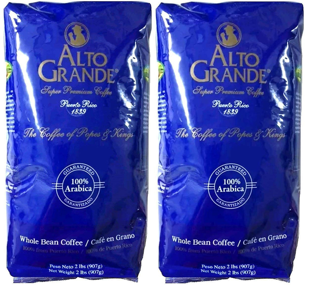 Alto Grande whole beans 2lb bag showing premium Arabica aroma ideal for grinding.