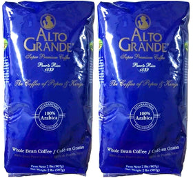 Alto Grande whole beans 2lb bag showing premium Arabica aroma ideal for grinding.