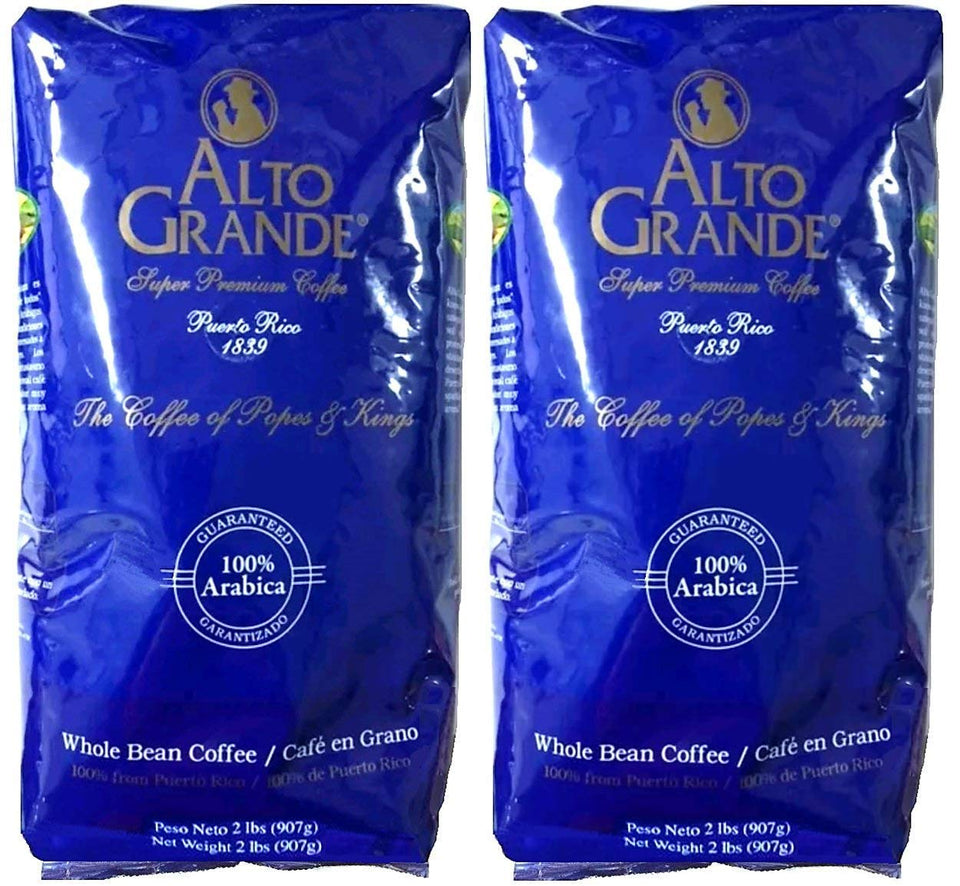 Alto Grande whole beans 2lb bag showing premium Arabica aroma ideal for grinding.