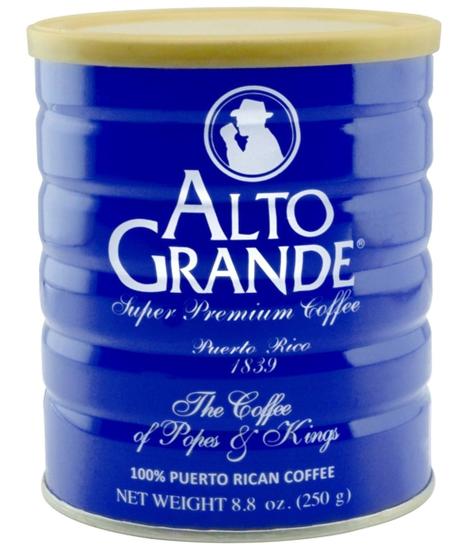 Alto Grande ground coffee canister showcasing premium 100% Arabica beans.