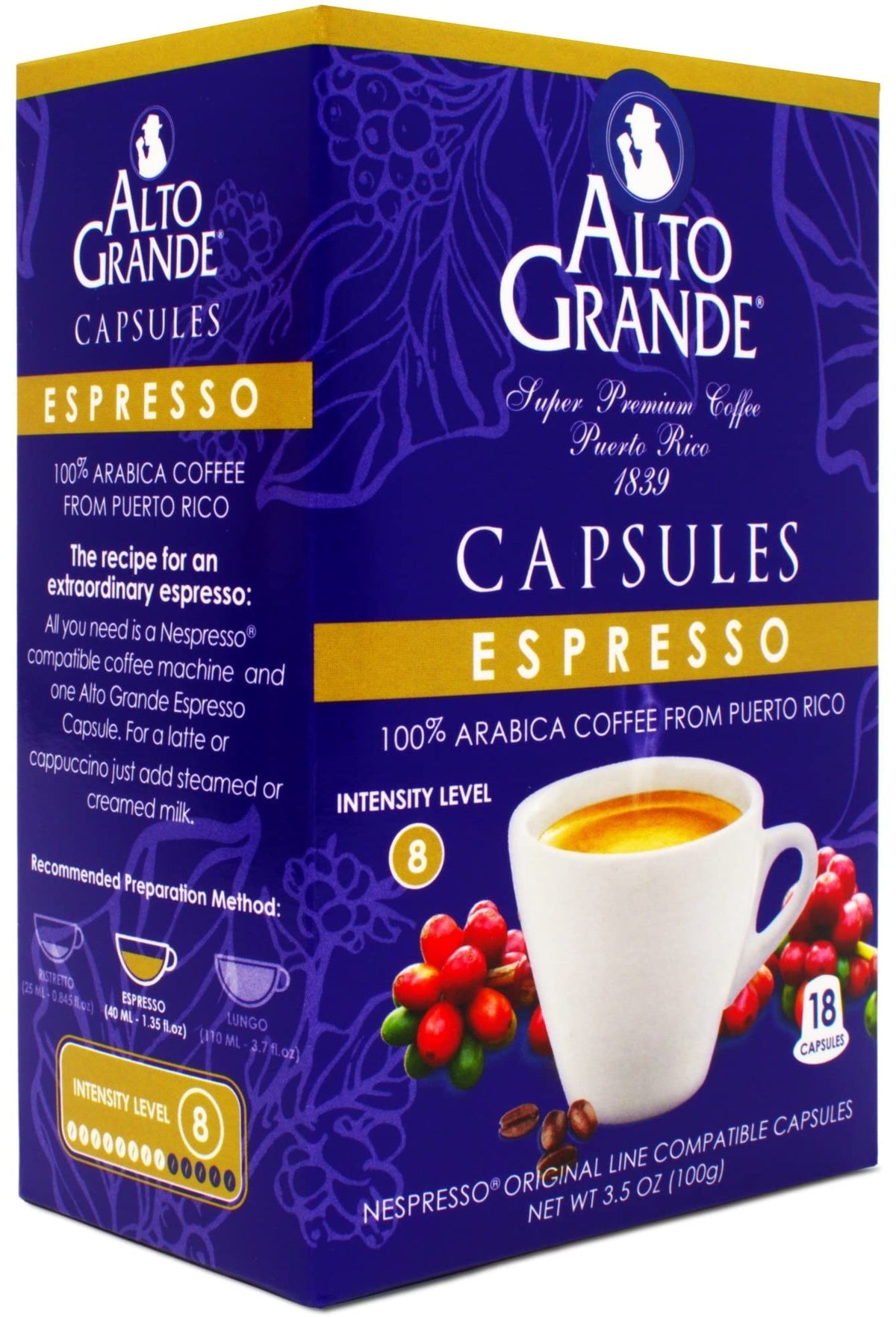 Alto Grande Nespresso pods box in Puerto Rico Arabica packaging for home use