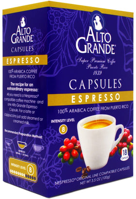 Alto Grande Nespresso pods box in Puerto Rico Arabica packaging for home use
