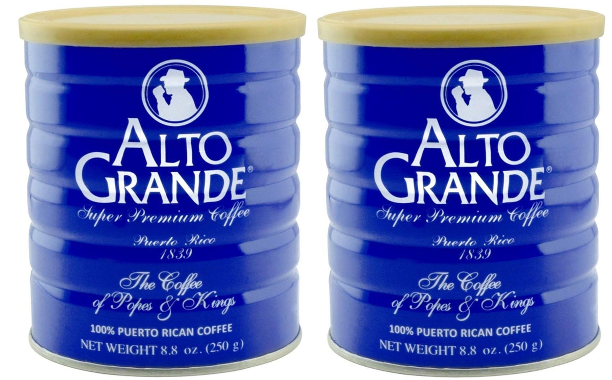 Alto Grande two cans 8-8oz front view, premium Puerto Rican coffee for home brewing.