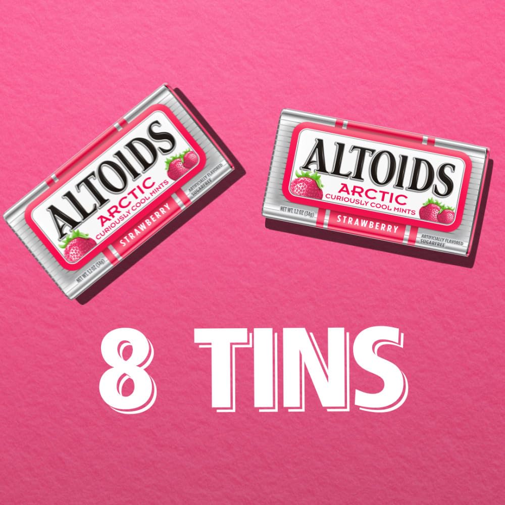 Close-up of ALTOIDS Arctic Strawberry mints showing curiously strong flavor.