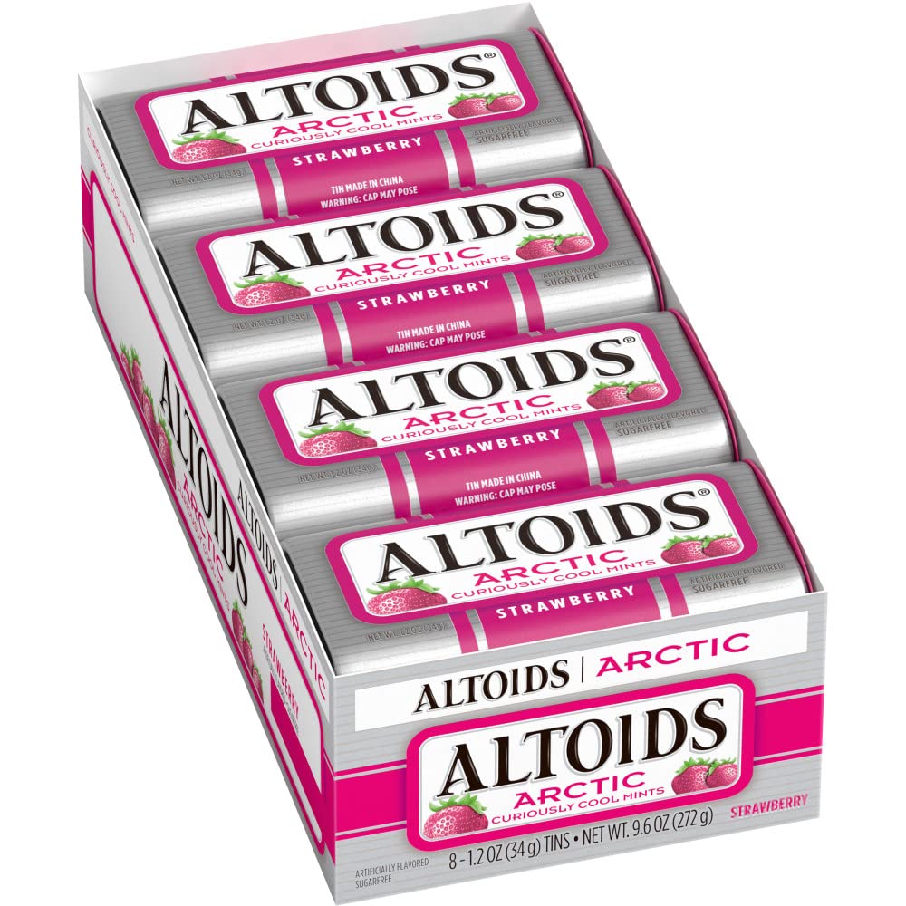 ALTOIDS Arctic Strawberry tin front view for quick on-the-go freshness.