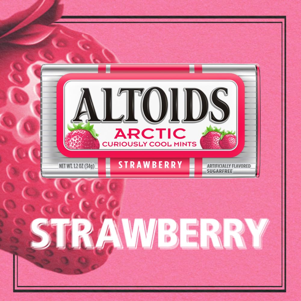 ALTOIDS Arctic Strawberry tin open with mints ready to refresh.
