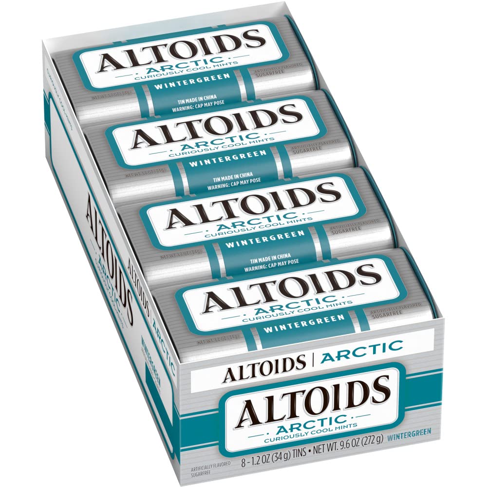 Altoids Arctic Wintergreen tin close-up for on-the-go breath refreshment.