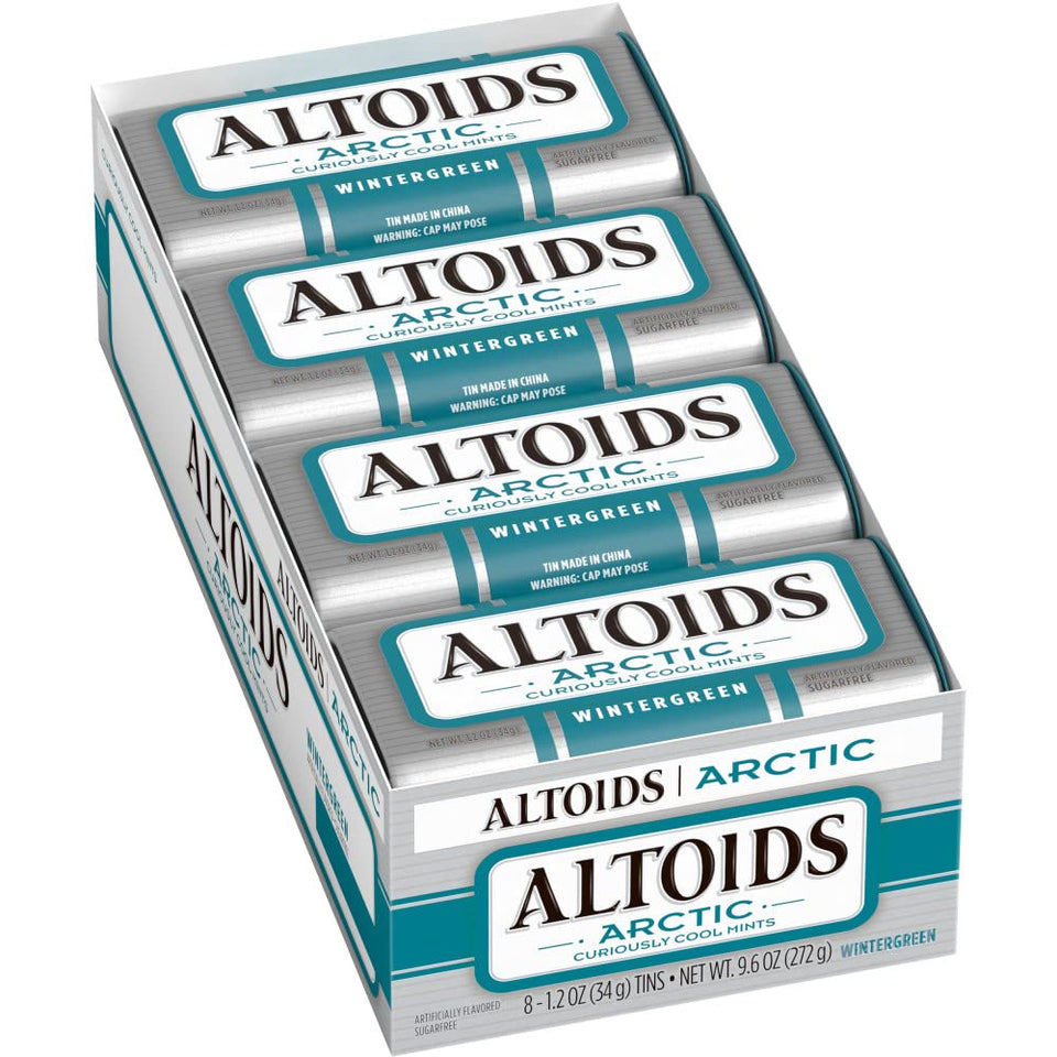 Altoids Arctic Wintergreen tin close-up for on-the-go breath refreshment.