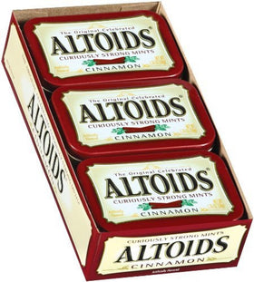 Altoids Curiously Strong Cinnamon mint tin open, a quick refresh on the go