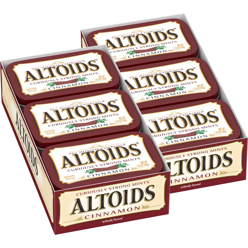 Altoids Classic Cinnamon mints tin front showing recognizable branding for fresh breath on the go.