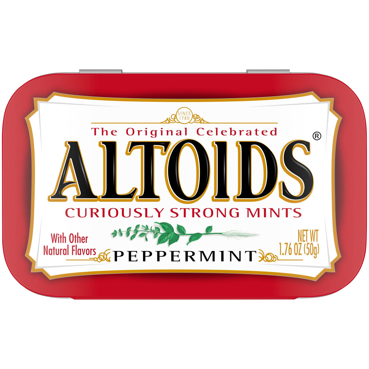 ALTOIDS Peppermint mints in tin close-up with refreshing flavor and cooling finish