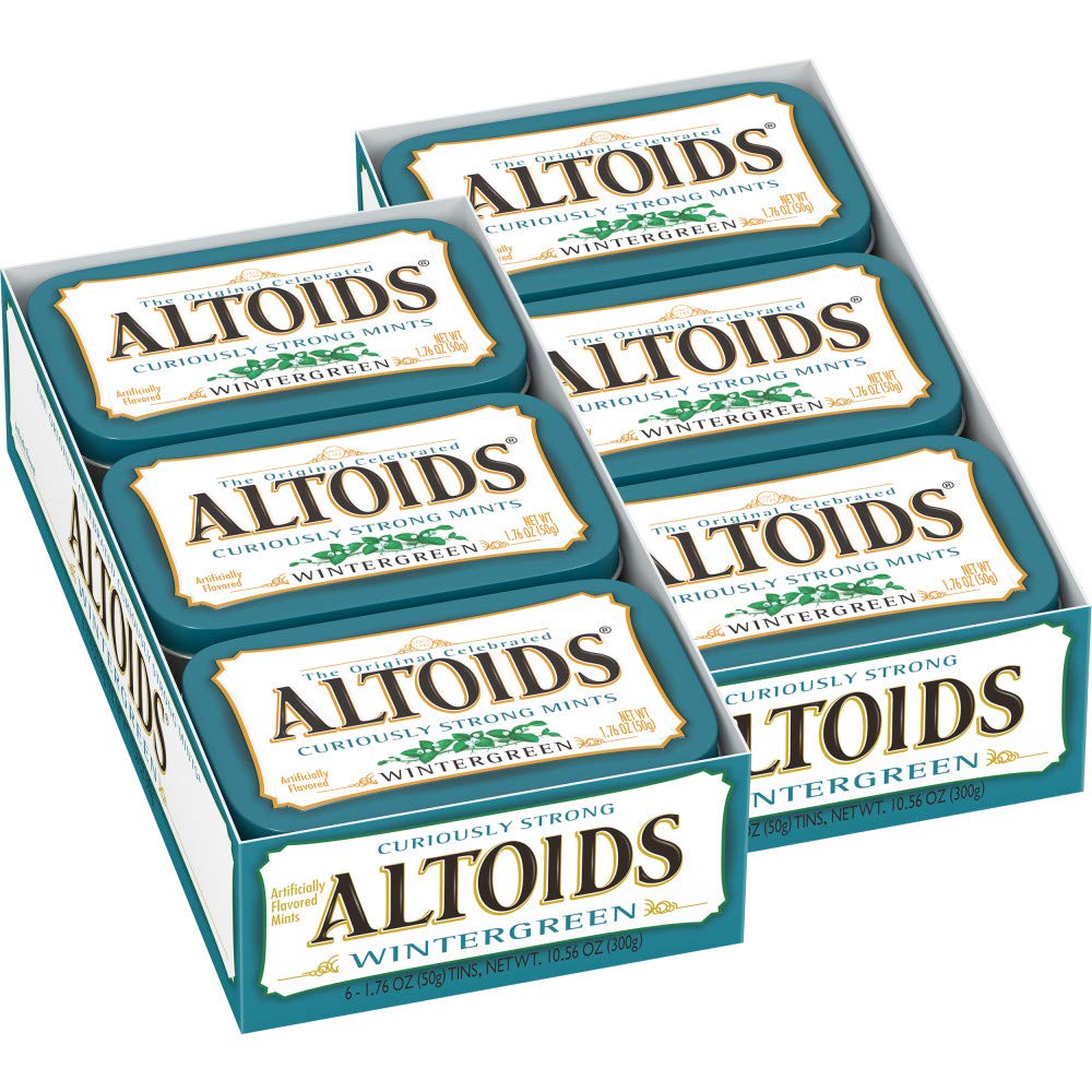 Altoids Wintergreen mint tin close-up show the crisp refreshment and portable design.