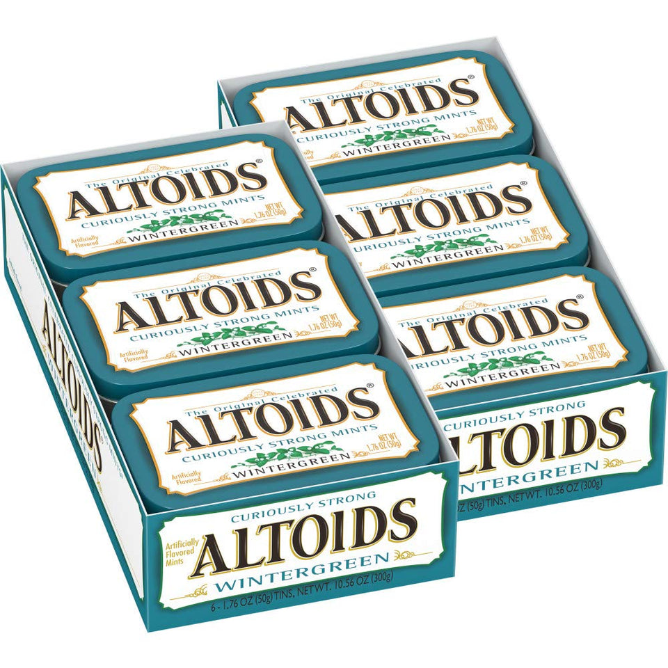 Altoids Wintergreen mint tin close-up show the crisp refreshment and portable design.