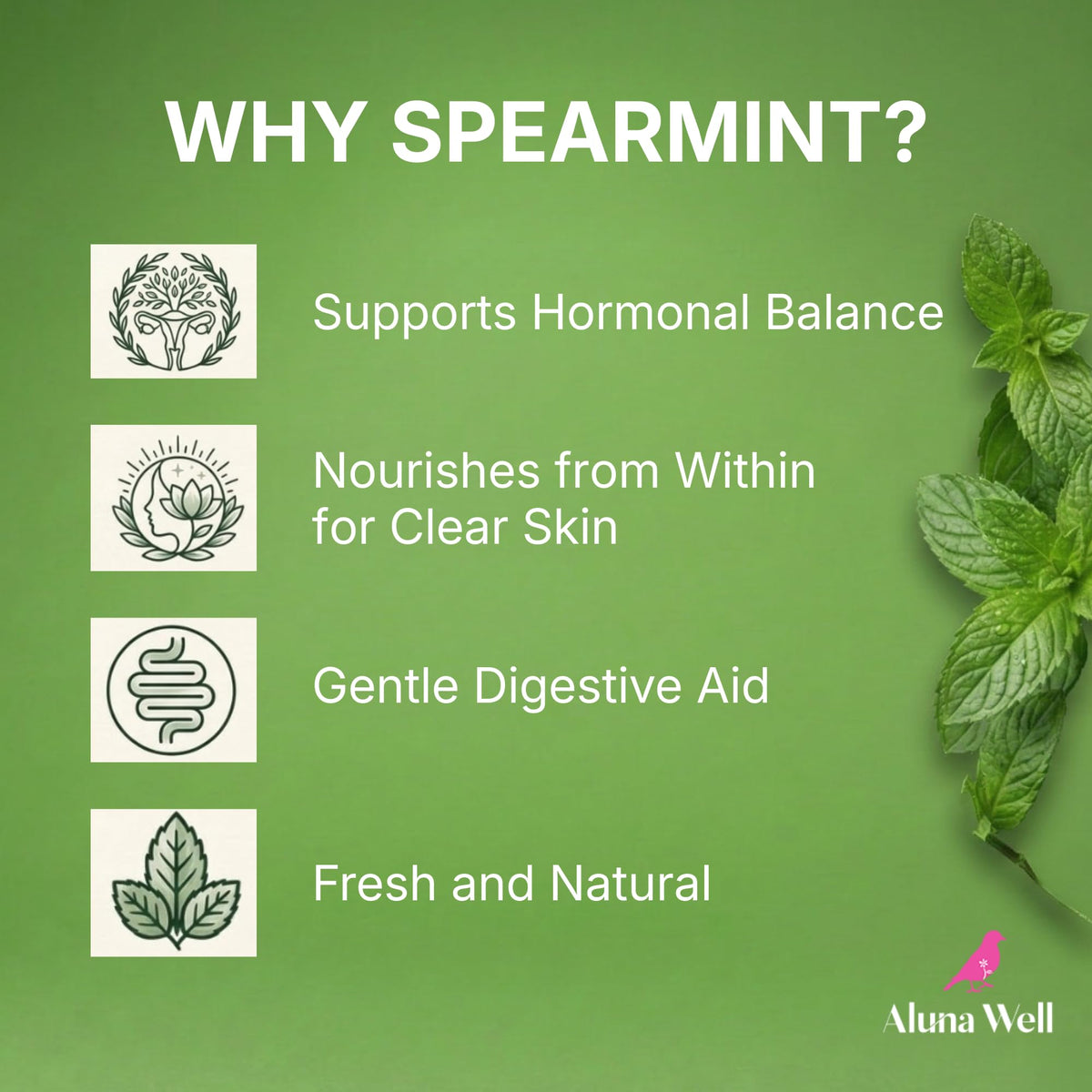 Aluna Well Spearmint Tea cup steeps with calming aroma and flavor