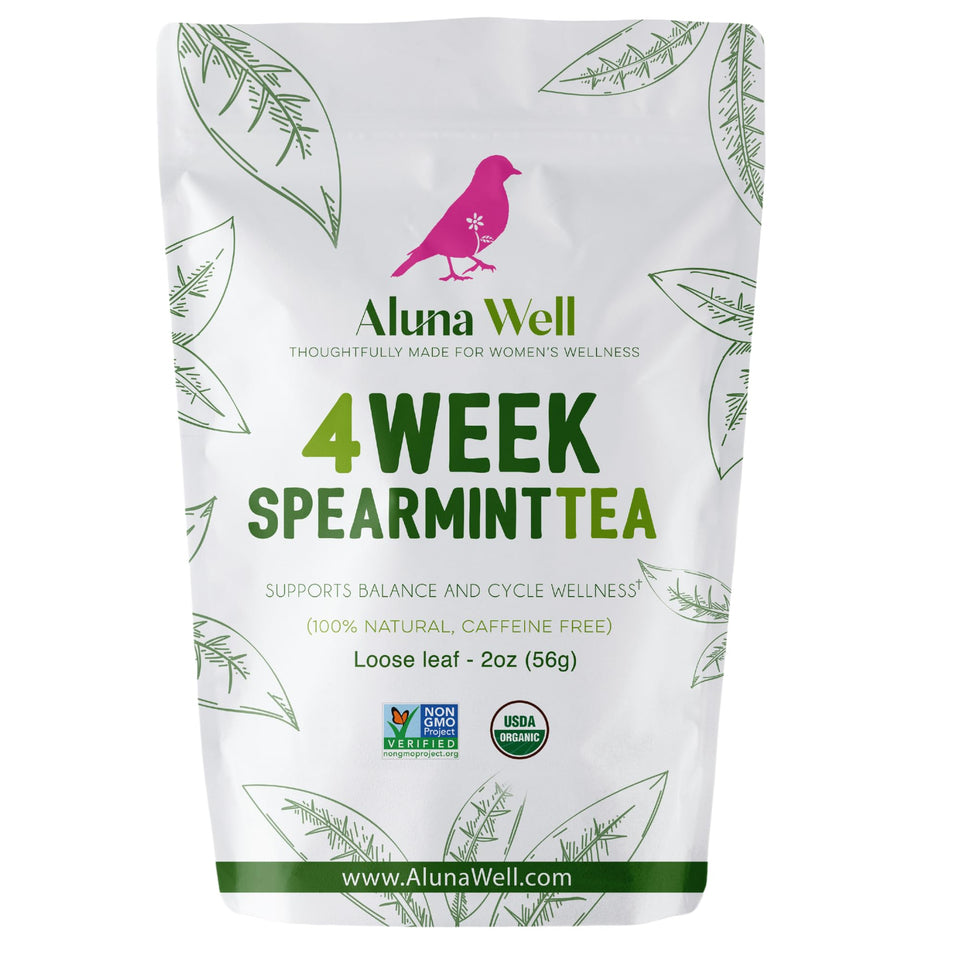 Aluna Well Organic Spearmint Tea loose-leaf close-up highlighting pure organic ingredients