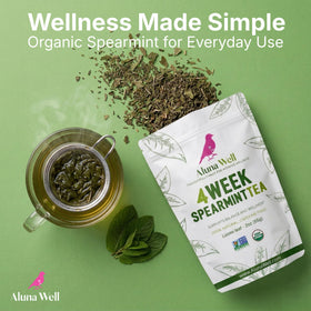 Aluna Well Spearmint Tea scoop reveals fresh organic leaves for quality brewing