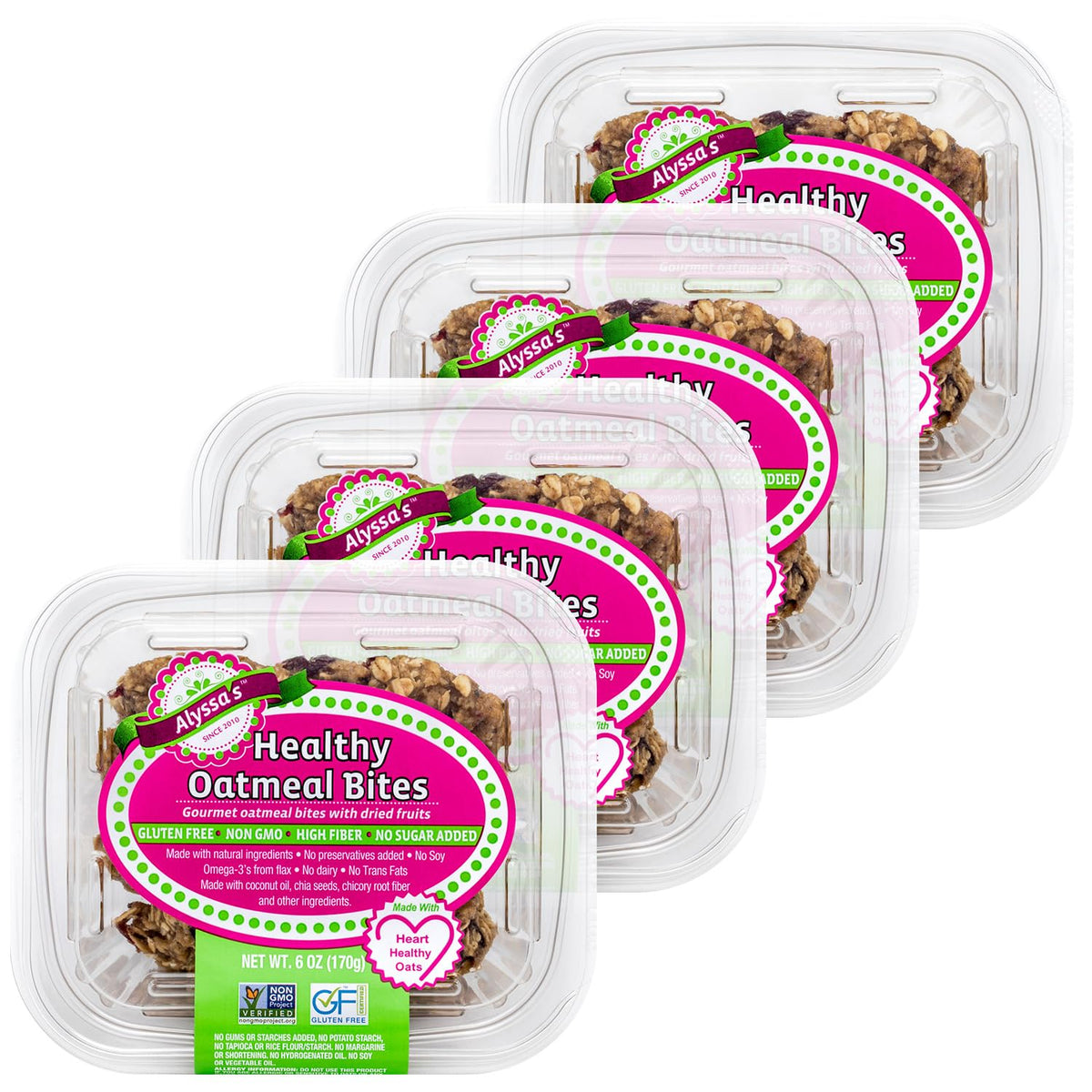 Alyssa's Gluten Free Oatmeal Cookies pack front view for on-the-go snacking.