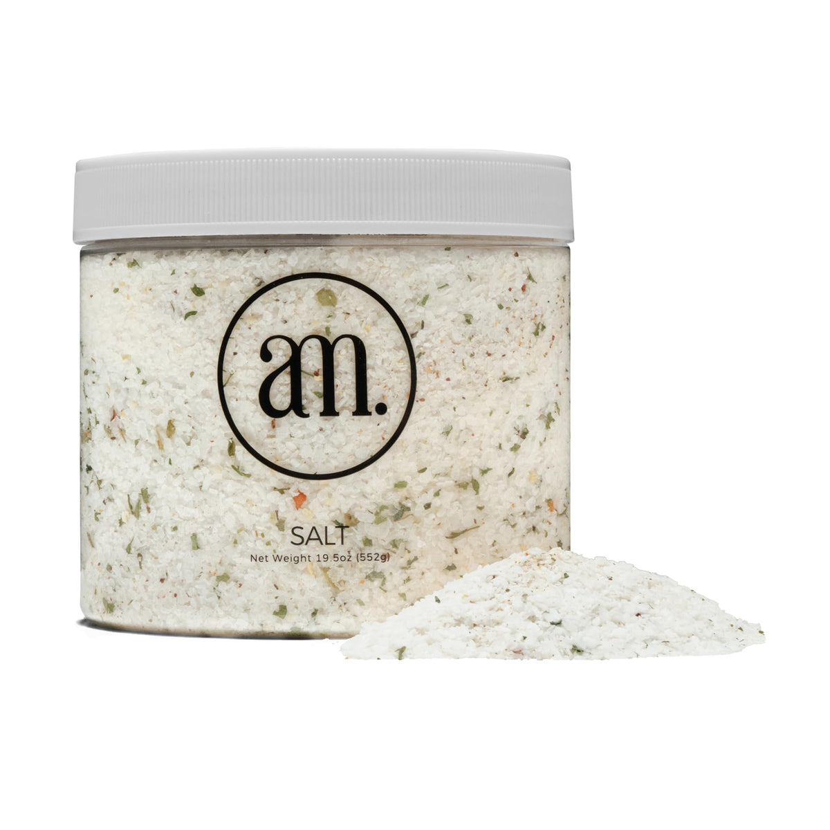 AM Signature Salt bottle pour, showcasing premium flaky salt for versatile seasoning.