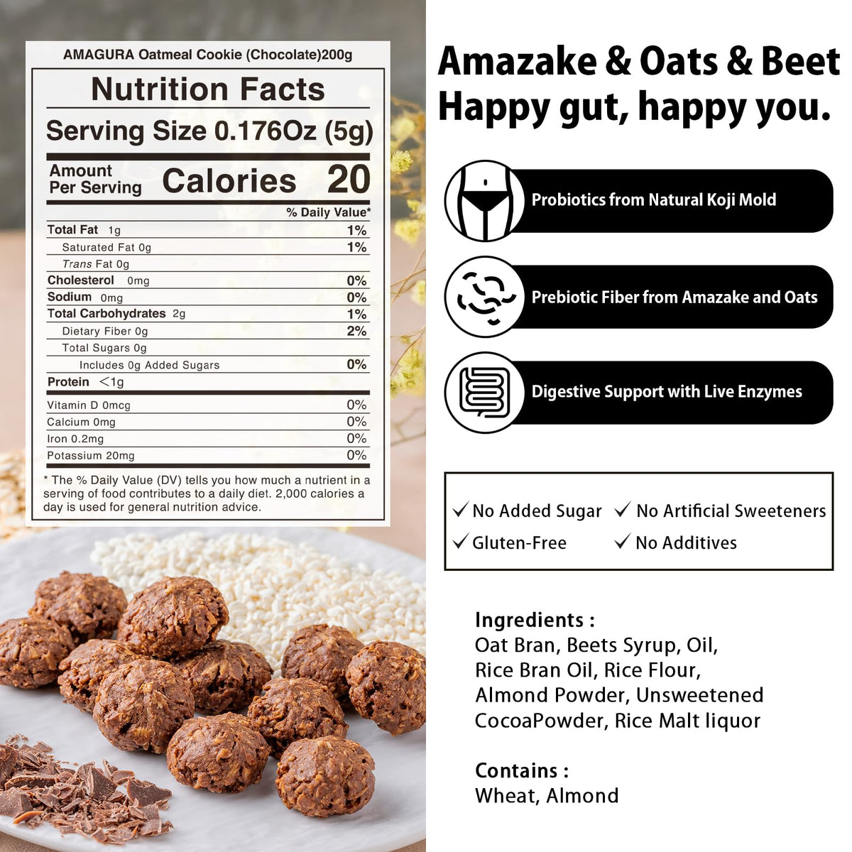 AMAGURA Amazake Oatmeal Cookies close-up highlighting chewy texture and vegan ingredients.