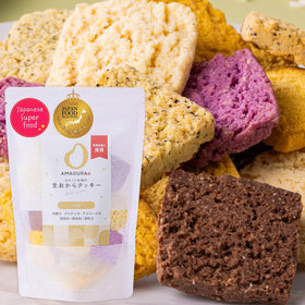 AMAGURA five-flavor cookies pack, plant-based probiotic snack.