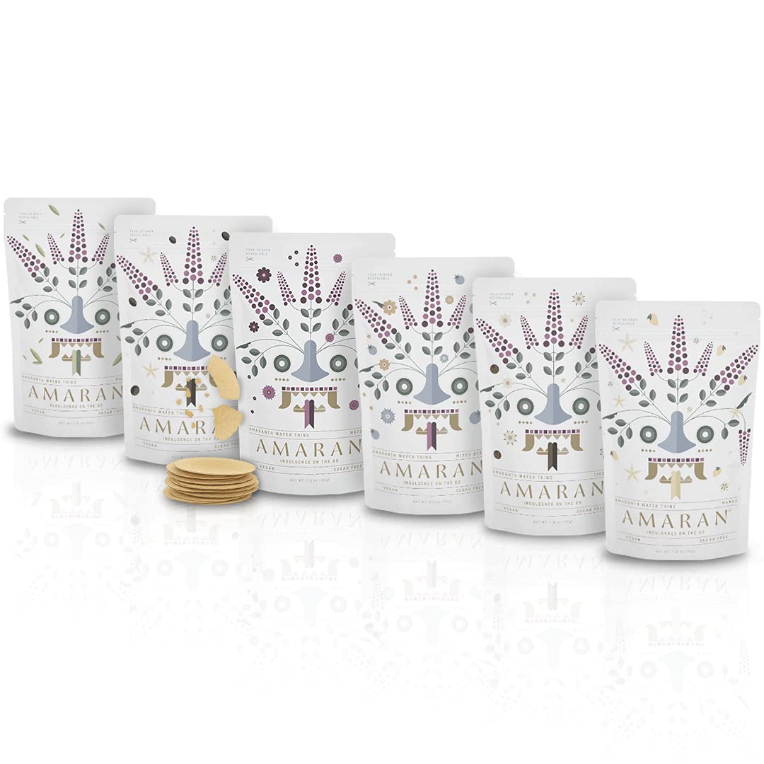 AMARAN Organic Amaranth Wafer Thins mixed 12-pack front view, light and crisp snack option.