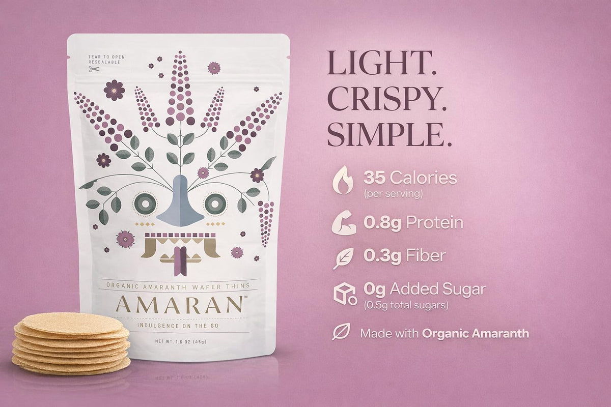AMARAN Organic Amaranth Wafer Thins packaging close-up shows vegan, gluten-free claim.