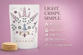 AMARAN Organic Amaranth Wafer Thins packaging close-up shows vegan, gluten-free claim.