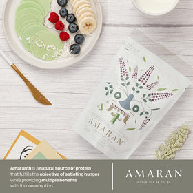 AMARAN Organic Amaranth Wafer Thins on wooden board with fruit for fresh snacking.
