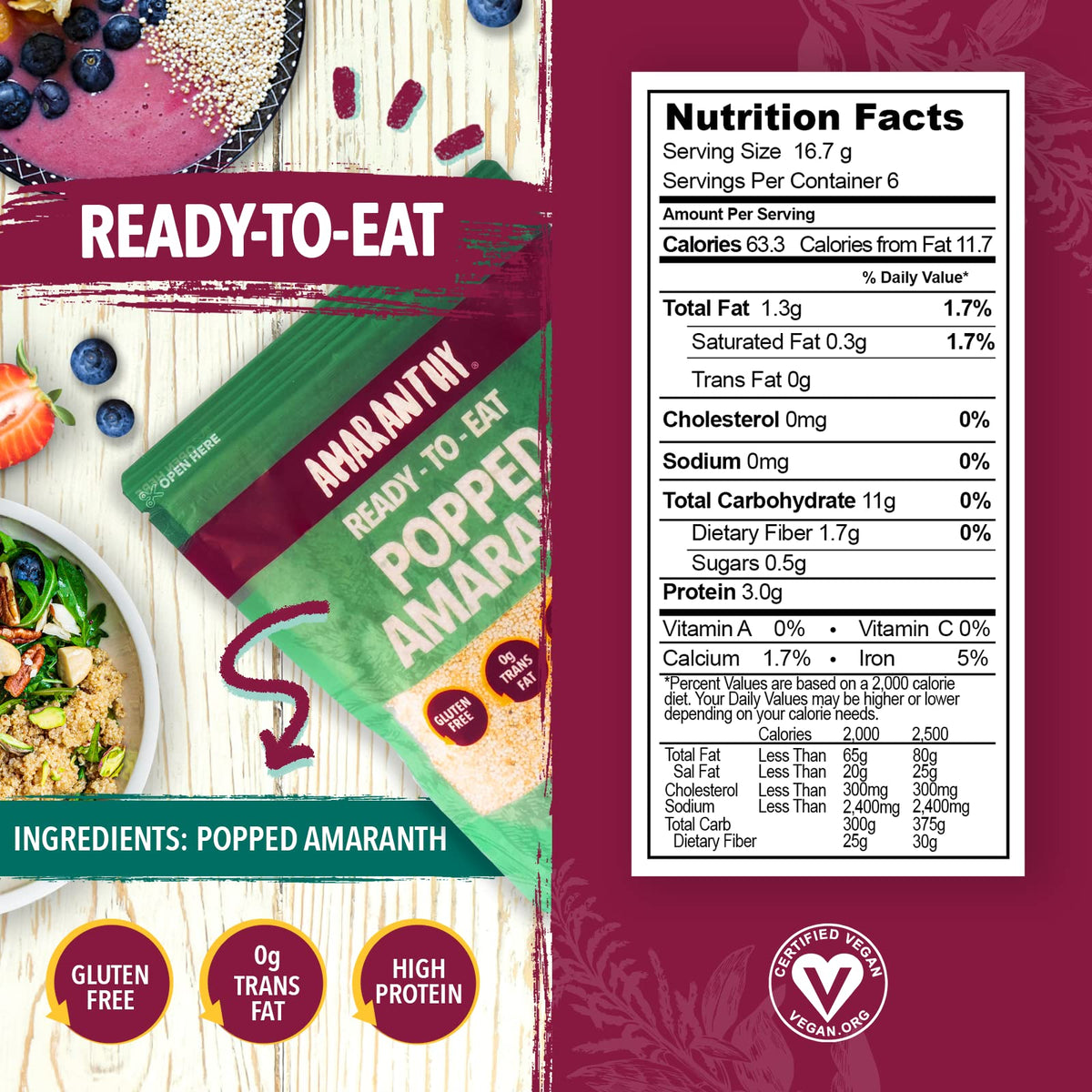 Amaranthy popped amaranth added to salad for protein and texture