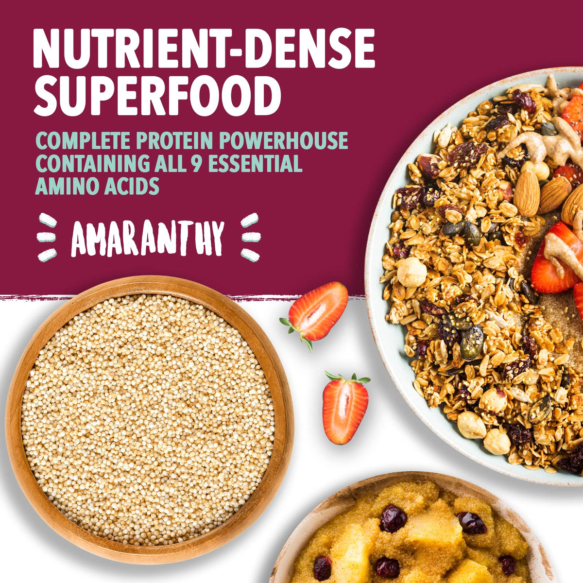 Amaranthy popped amaranth sprinkled on cereal bowl for added fiber and crunch
