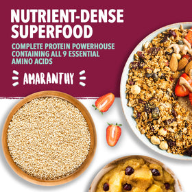 Amaranthy popped amaranth sprinkled on cereal bowl for added fiber and crunch