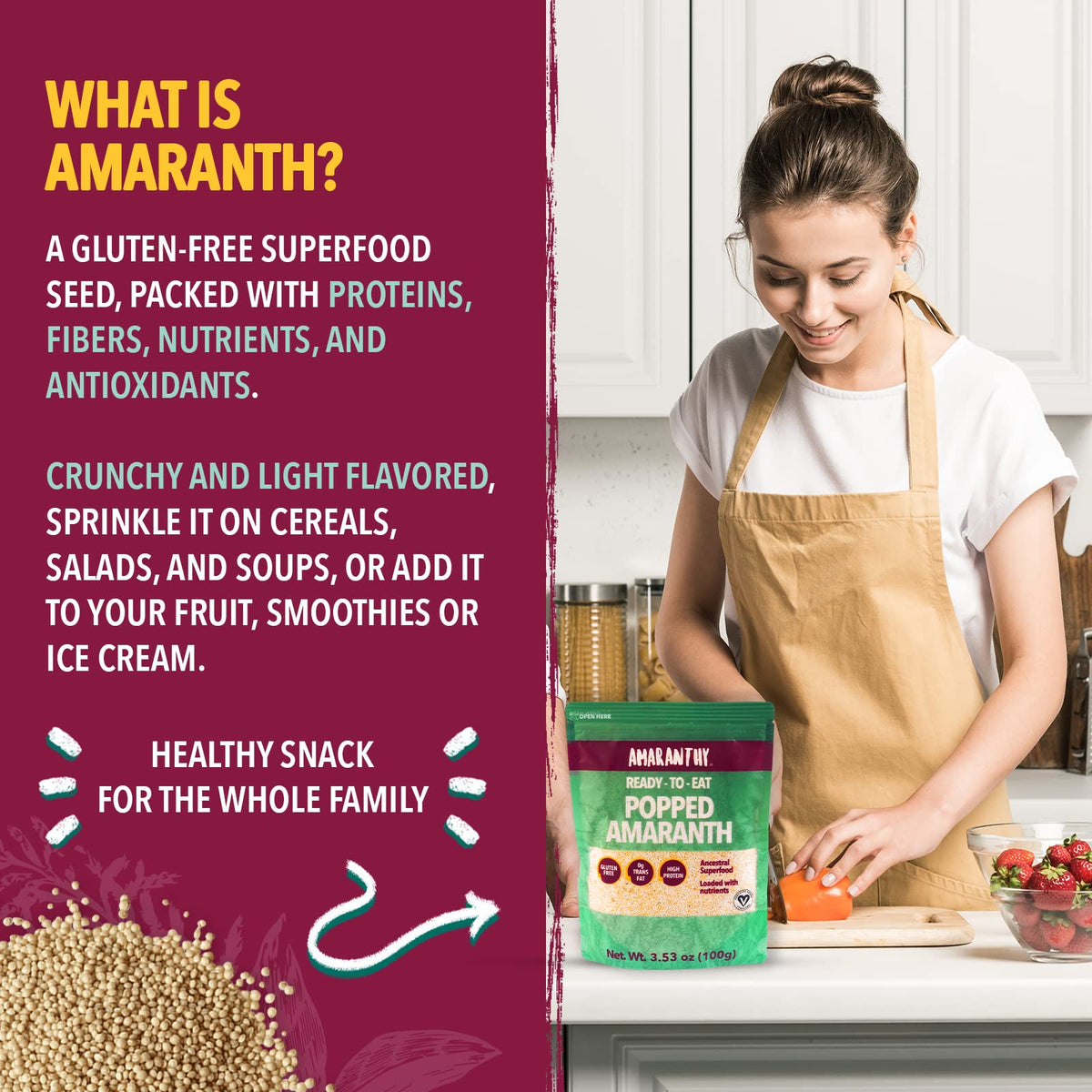 Amaranthy popped amaranth vegan and gluten-free seals on packaging